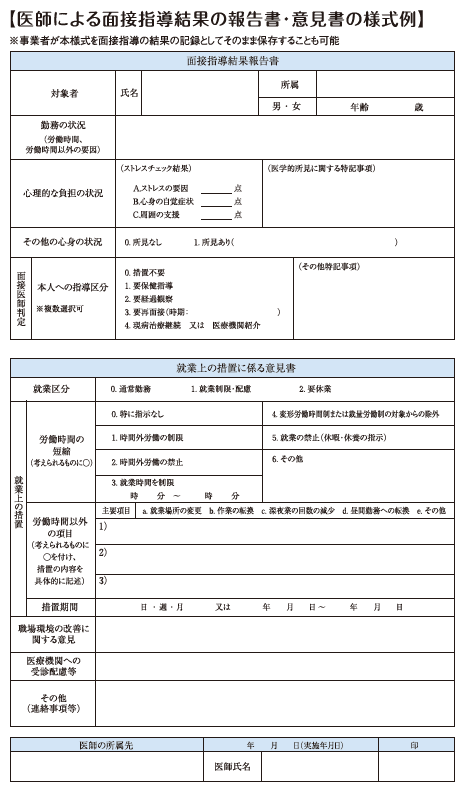 医師による面接指導結果の報告書・意見書の様式例